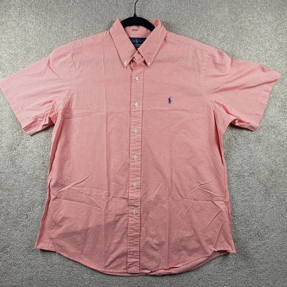 Polo Ralph Lauren Mens XL Custom Fit Orange Gingham Short Sleeve Button Down